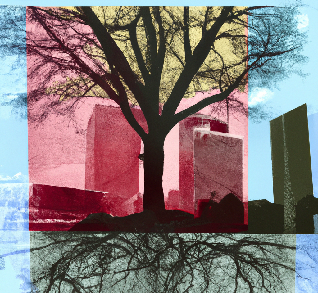 Collage picture of tree and its roots in front of a city