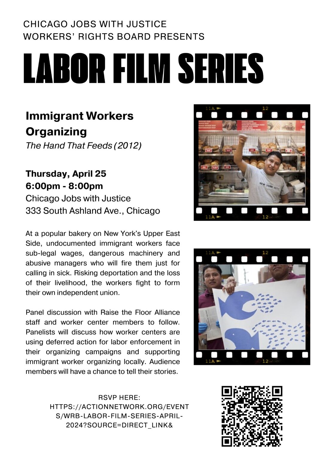 Event flyer featuring photos of latinx immigrant workers protesting.