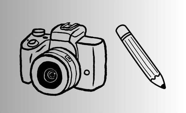 A camera and pencil on a white backdrop.