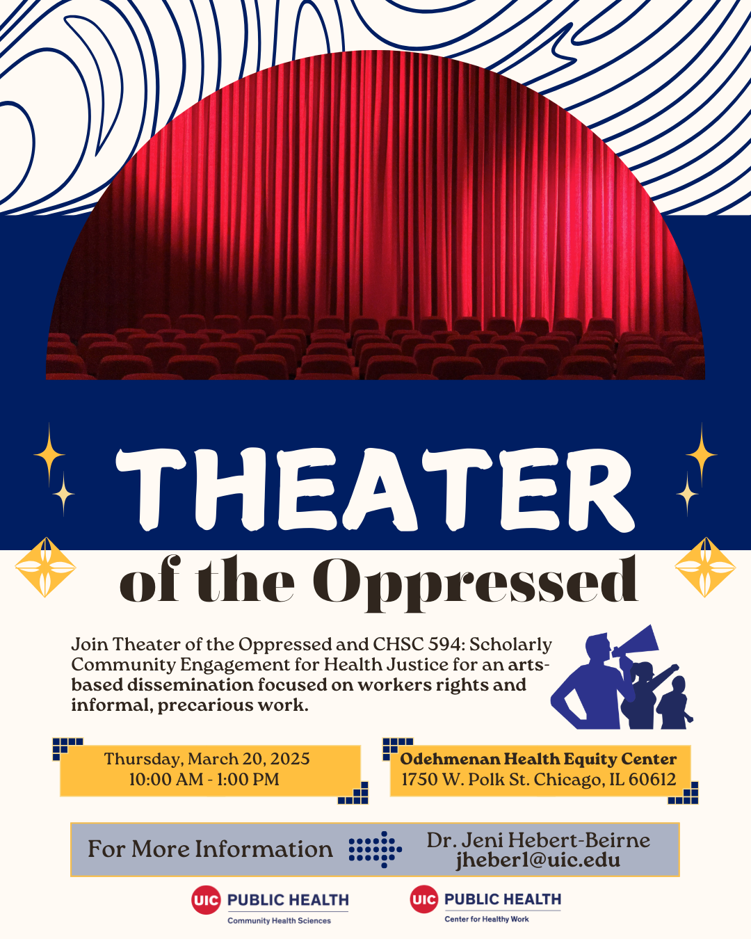 Red auditorium on blue background, protest graphic, theater of the oppressed event 3-20, UIC logos