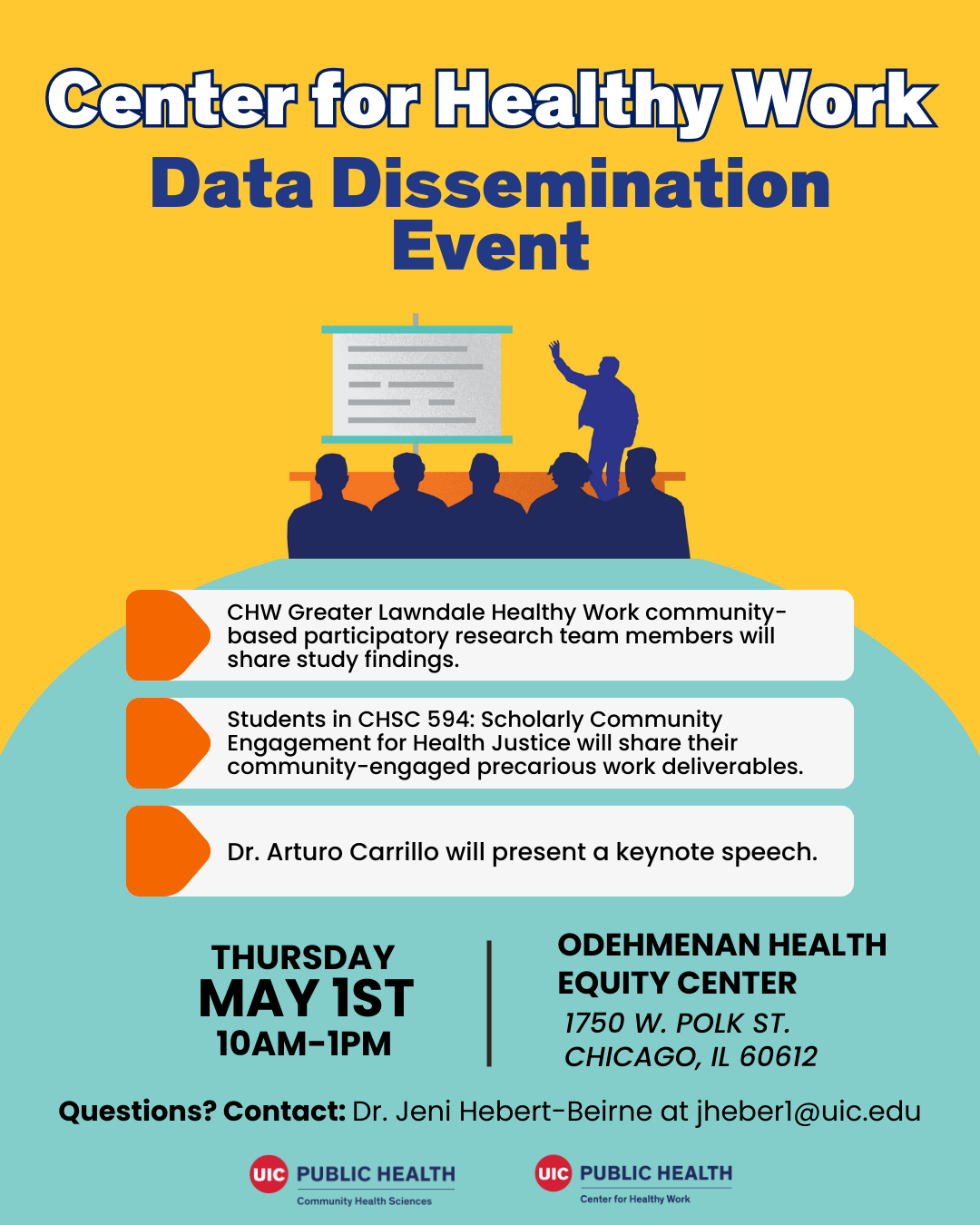 Infosharing graphic on aqua blue and yellow background, data dissemination event 5-1, UIC logos